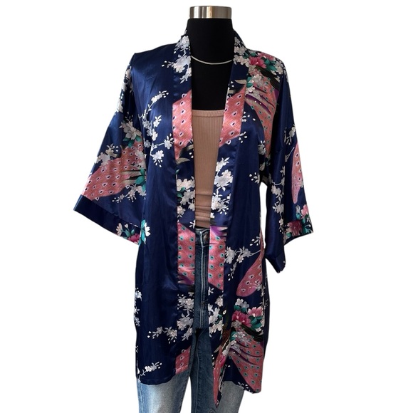 Vintage satin peacock kimono robe knee length blue pink OS - Picture 3 of 15